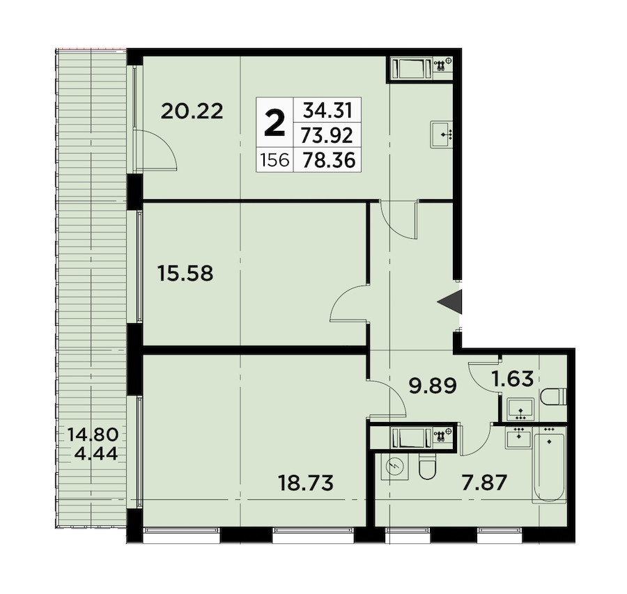 2-комнатная квартира 78.36 м², 14/14 эт., ЖК «GloraX City Zanevsky»